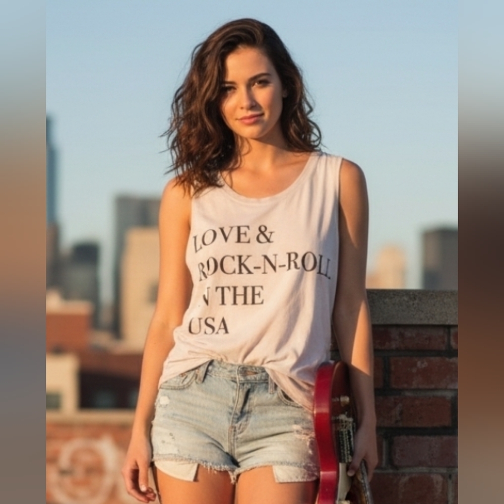 Chaser LA Love Rock N Roll In The USA Light Gray Tank Top Size XS